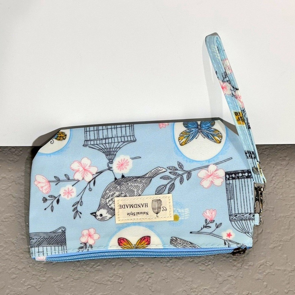 Natural Style Handmade Blue Birdcage Butterfly Floral Fabric Zipper Makeup Bag